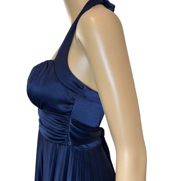 Women Pleated Halter Party Dress Small S Navy Blue Knee Length Stretch - Picture 4 of 13
